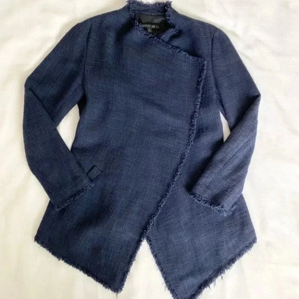 LAFAYETTE 148 Open Front Draped Fringe Blazer Navy - Picture 2 of 11